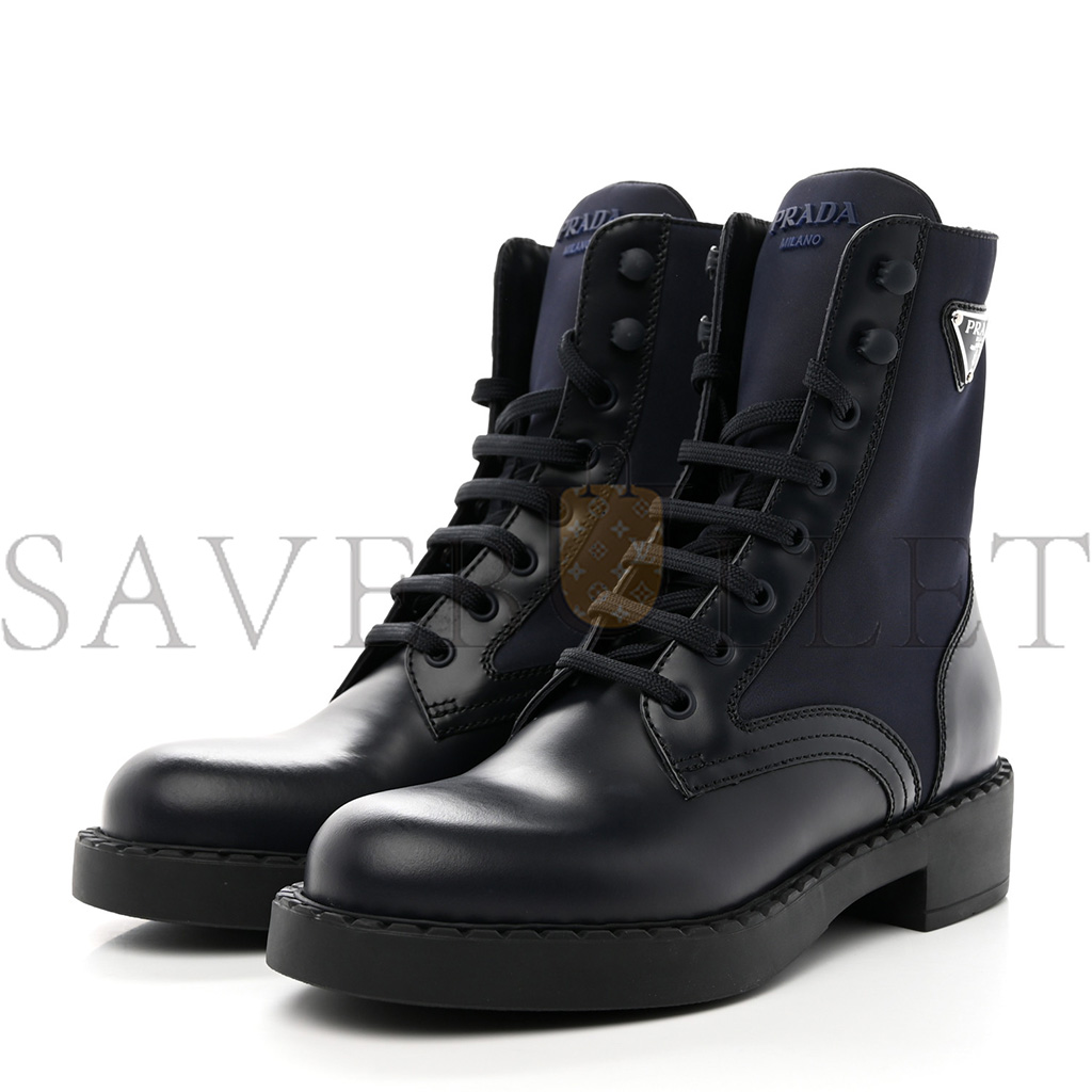 PRADA SPAZZOLATO RE-NYLON METAL TRIANGLE LOGO WOMENS 50MM COMBAT BOOTS 37 BLUE
