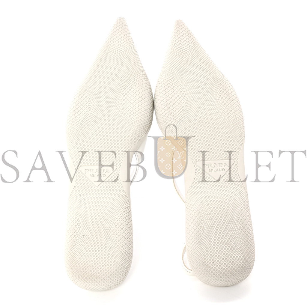 PRADA SPAZZOLATO TRIANGLE LOGO POINTED TOE SLINGBACK FLATS 37 WHITE