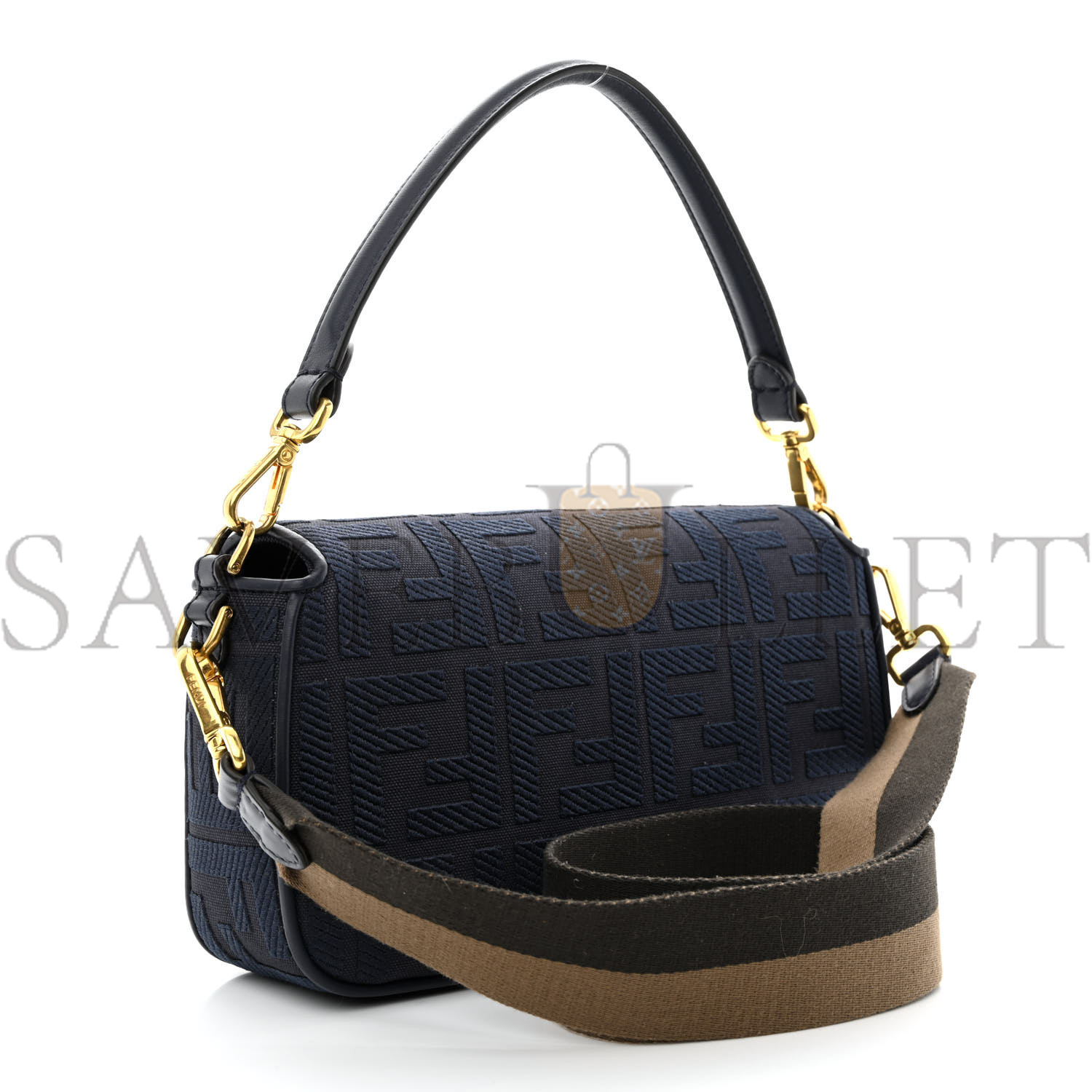 FENDI CANVAS VITELLO KING BI-COLOR STRAP FF EMBROIDERED BAGUETTE MIDNIGHT (27*16*6cm)