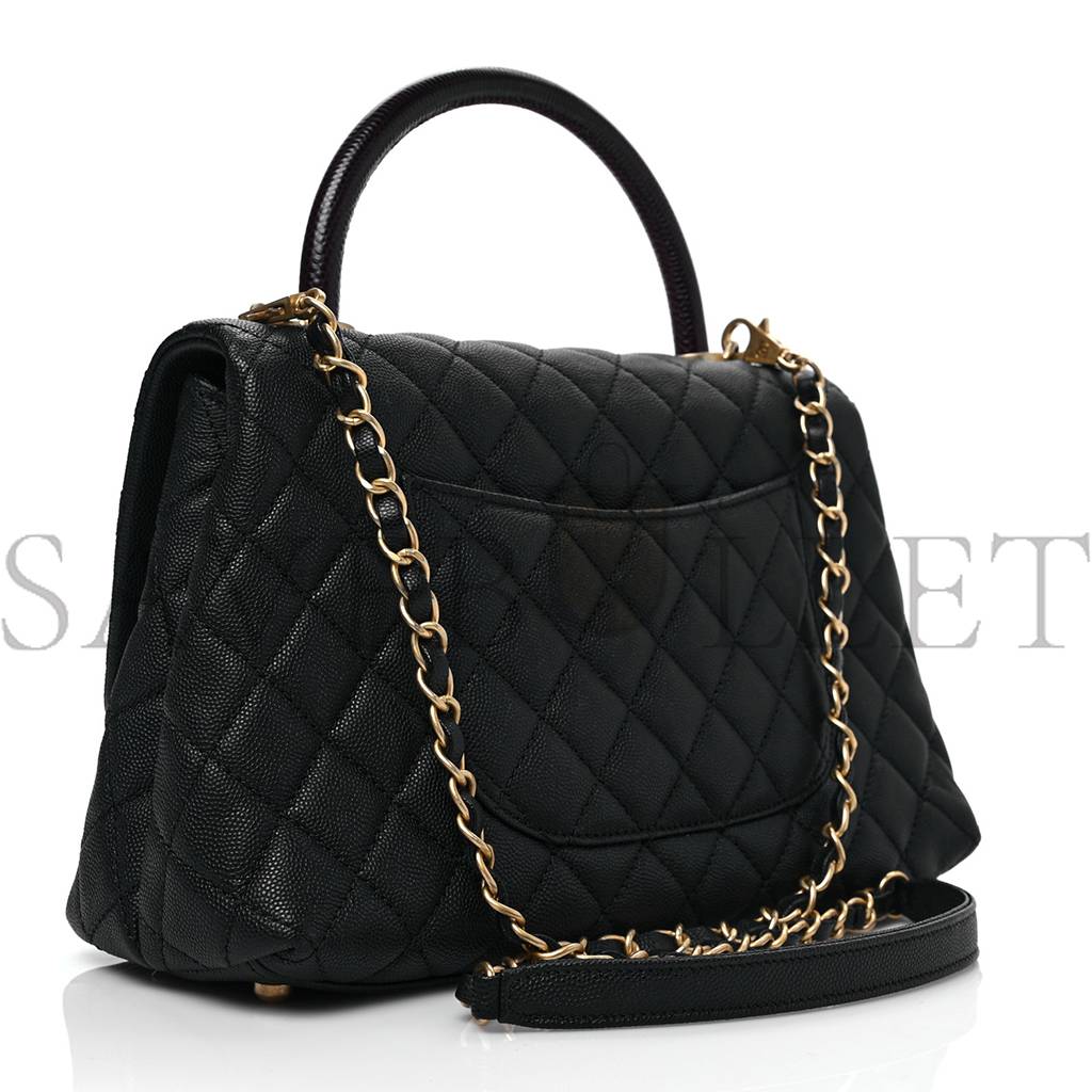 CHANEL CAVIAR LIZARD EMBOSSED QUILTED SMALL COCO HANDLE FLAP BLACK GOLD HARDWARE (29*18*11cm)