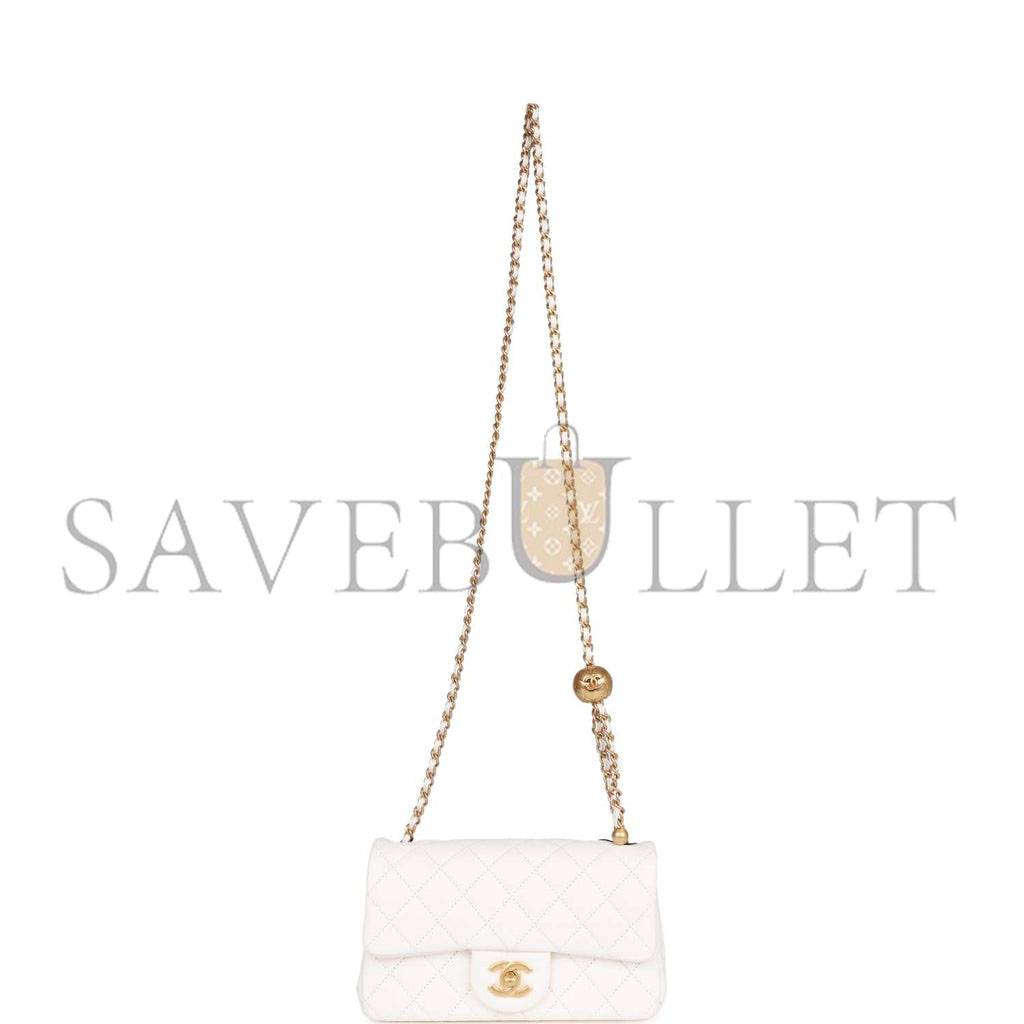 CHANEL PEARL CRUSH MINI RECTANGULAR FLAP BAG WHITE LAMBSKIN ANTIQUE GOLD HARDWARE (20*13*6cm)