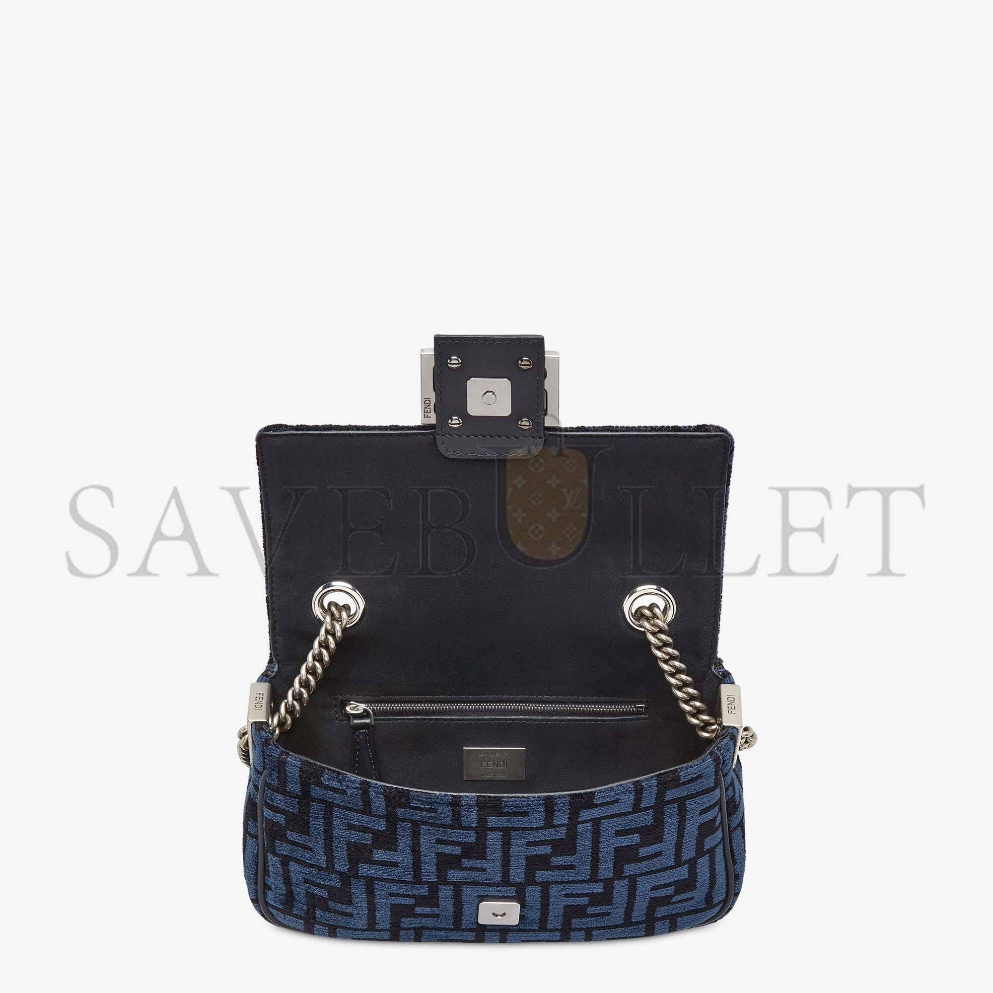 FENDI BAGUETTE CHAIN MIDI - DARK BLUE FF TAPESTRY FABRIC BAG 8BR793ALG7F1HZR (24*14.5*7cm)