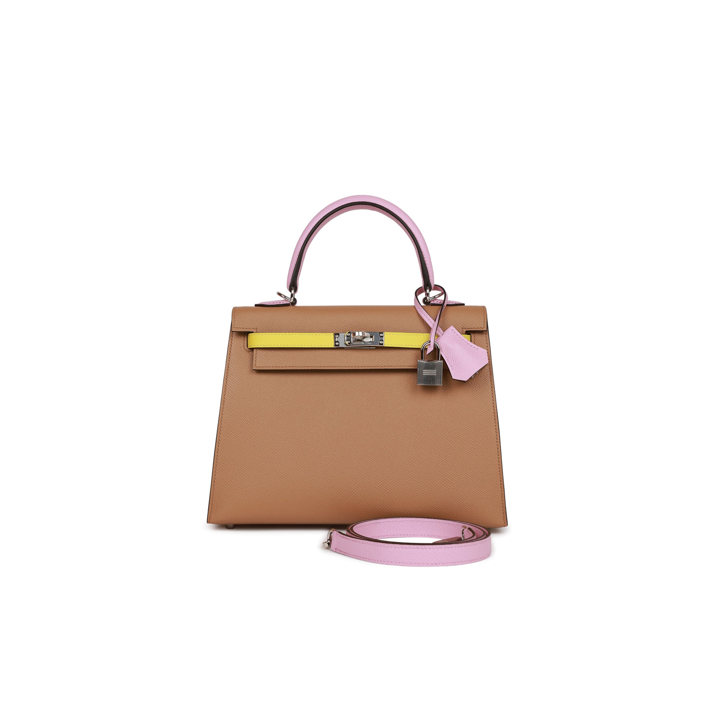 HERMES KELLY SELLIER 25 TRI-COLOR CHAI, LIME AND MAUVE SYLVESTRE EPSOM PALLADIUM HARDWARE(25*17*7cm)