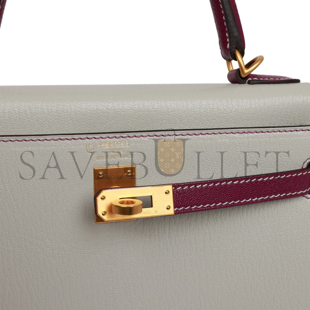 HERMES SPECIAL ORDER (HSS) KELLY SELLIER 25 GRIS PERLE AND ANEMONE CHEVRE BRUSHED GOLD HARDWARE HANDMADE(25*17*7cm)