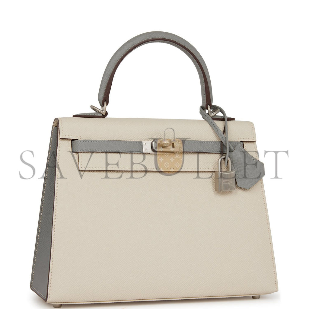 HERMES SPECIAL ORDER (HSS) KELLY SELLIER 25 CRAIE AND GRIS MOUETTE EPSOM BRUSHED PALLADIUM HARDWARE HANDMADE (25*17*7cm)