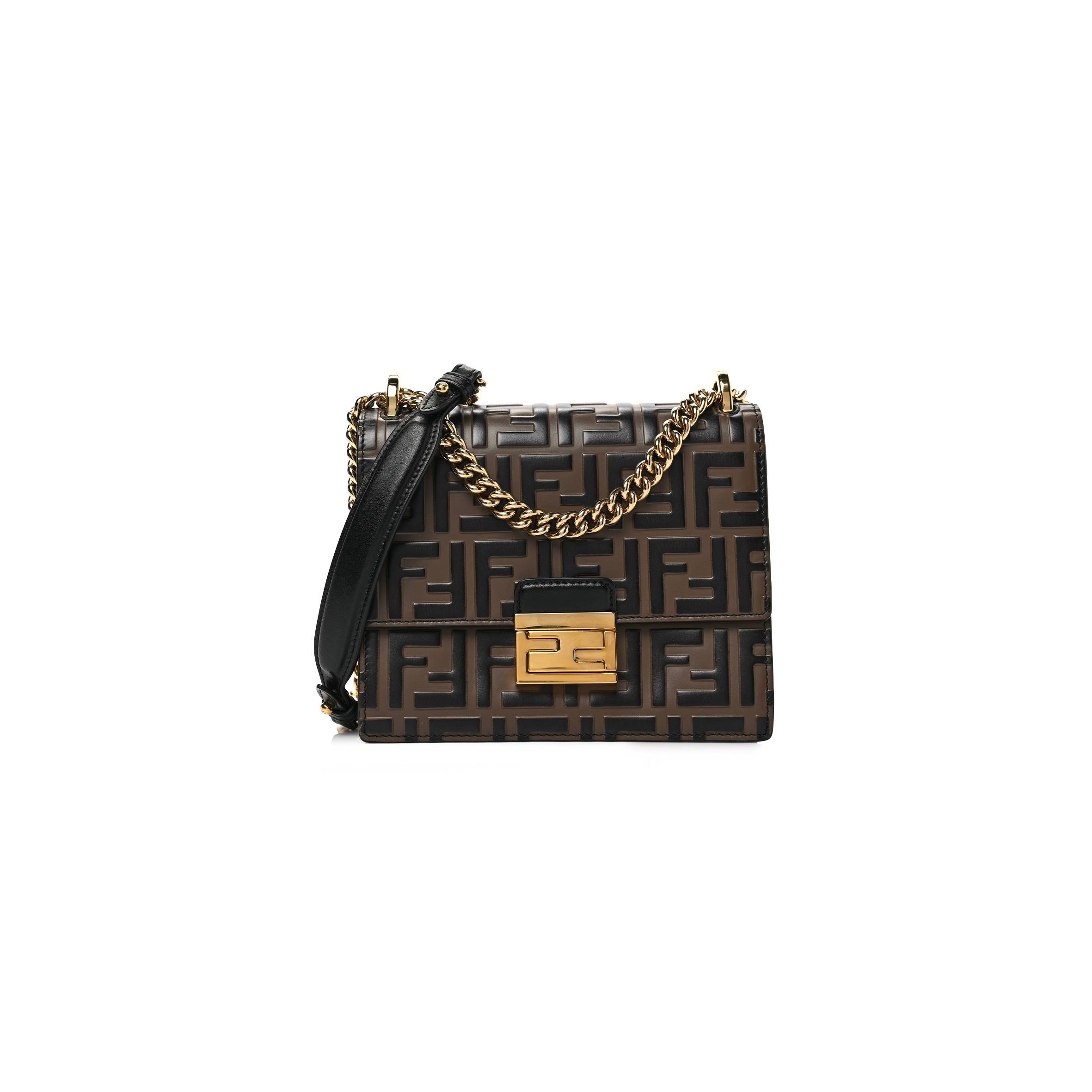 FENDI VITELLO LIBERTY BI-COLOR FF 1974 EMBOSSED SMALL KAN U SHOULDER BAG MAYA BLACK (19*15*8cm)